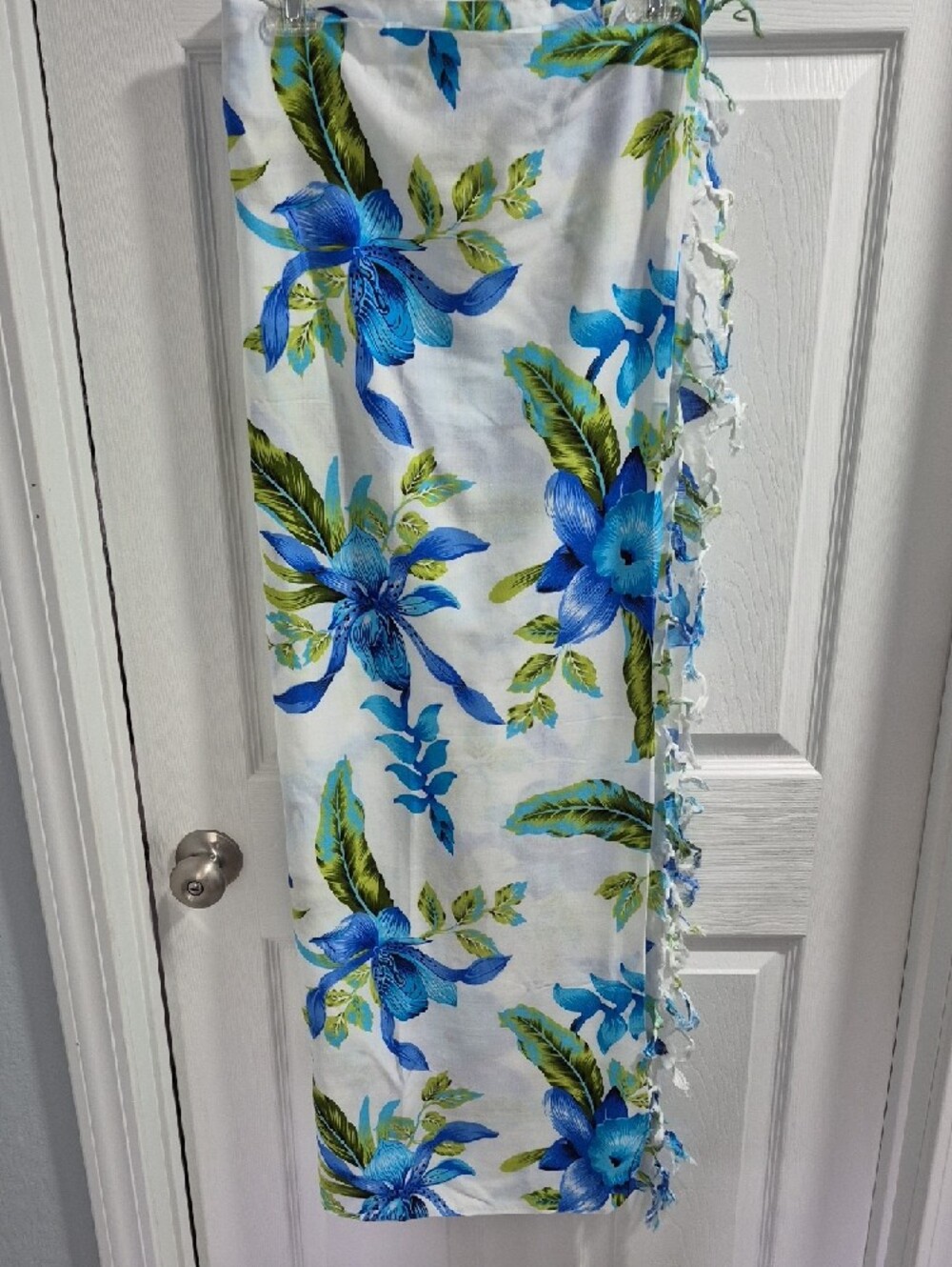 White Swim Coverup with Blue Floral Print - Picture 2 of 3